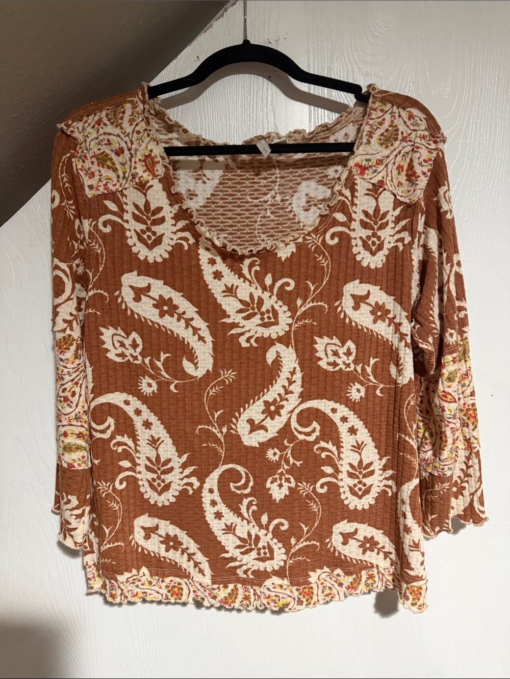 Womens Brown Paisley Knit Scoop Neck Top